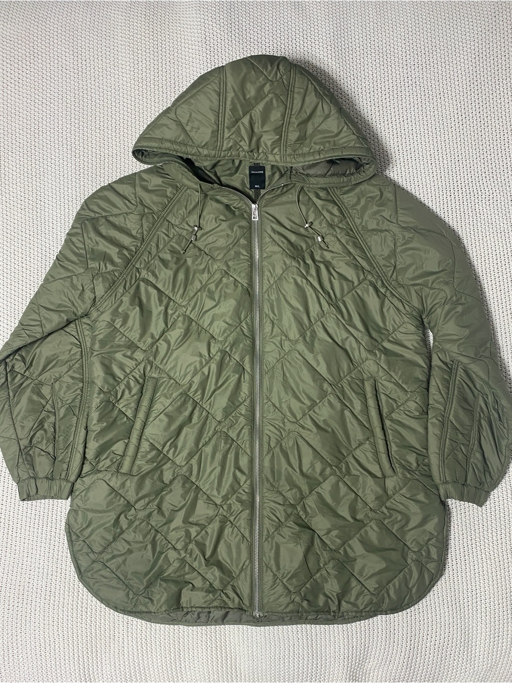 Calliope Full Length Women’s Quilted Hooded Lightweight Puffer Jacket in Olive.